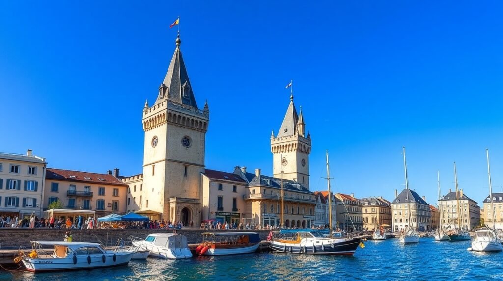 La Rochelle kikötője a két toronnyal és hajókkal