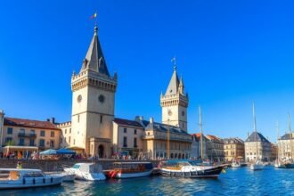 La Rochelle kikötője a két toronnyal és hajókkal