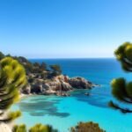 Palombaggia strand türkizkék vize fenyőfákkal körülvéve Korzikán