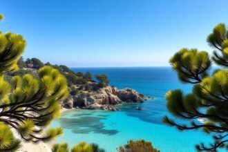 Palombaggia strand türkizkék vize fenyőfákkal körülvéve Korzikán