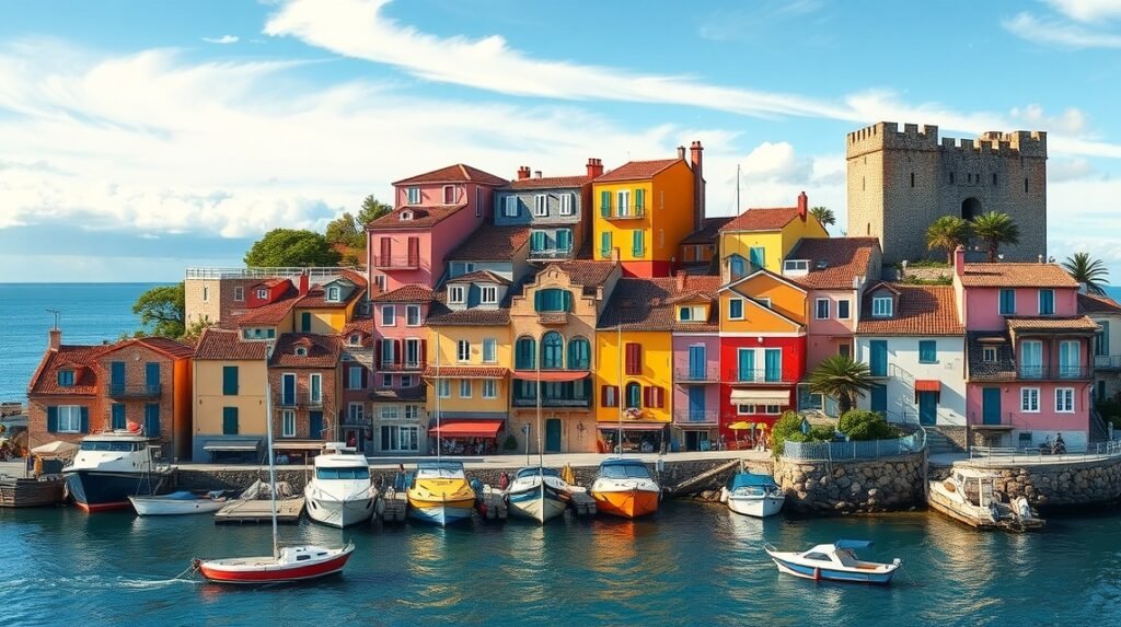 Színes házak a collioure-i kikötőnél, francia tengerparti város.