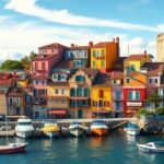 Színes házak a collioure-i kikötőnél, francia tengerparti város.