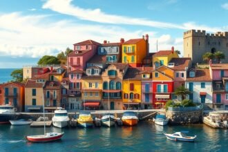 Színes házak a collioure-i kikötőnél, francia tengerparti város.