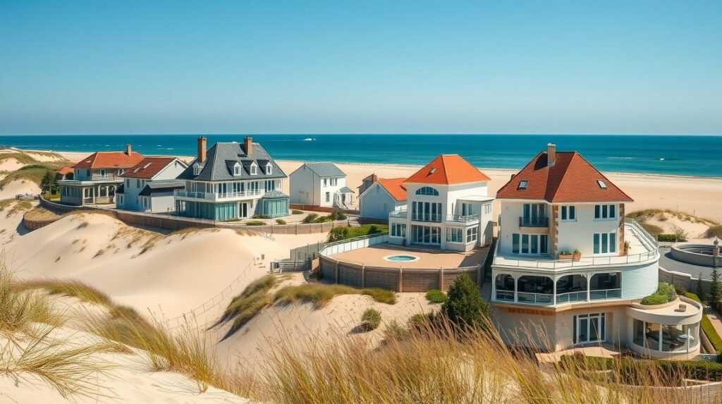 Elegáns villák a Le Touquet-Paris-Plage tengerpartján, dűnék között.