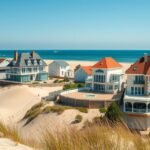 Elegáns villák a Le Touquet-Paris-Plage tengerpartján, dűnék között.