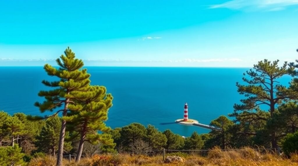 Fényképezett kilátás a Cap Ferret világítótoronyra és fenyőerdőre