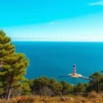 Fényképezett kilátás a Cap Ferret világítótoronyra és fenyőerdőre