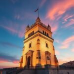 A Belém-torony lenyűgöző látképe Lisszabonban naplementekor.