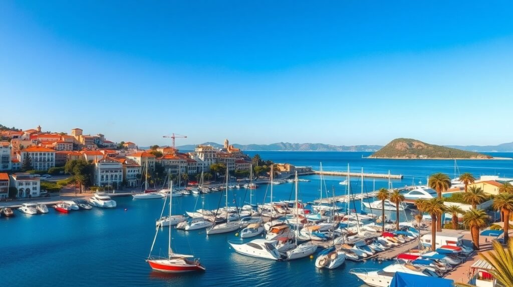 A Hyères kikötője a hajókkal és a gyönyörű panorámával.