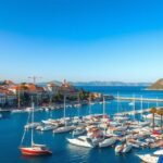 A Hyères kikötője a hajókkal és a gyönyörű panorámával.