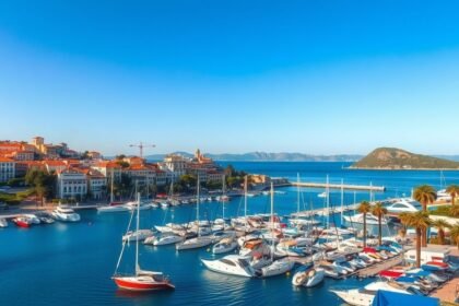 A Hyères kikötője a hajókkal és a gyönyörű panorámával.