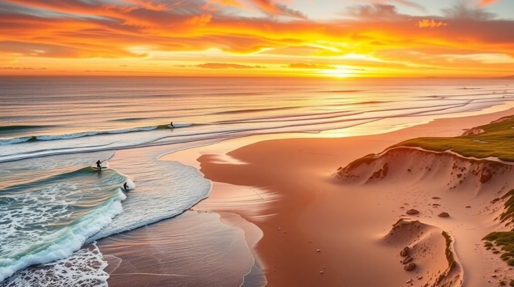 A naplemente a homokos parton, szörfösök a vízben Hossegorban