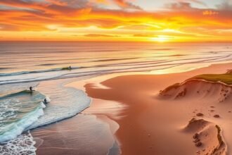 A naplemente a homokos parton, szörfösök a vízben Hossegorban