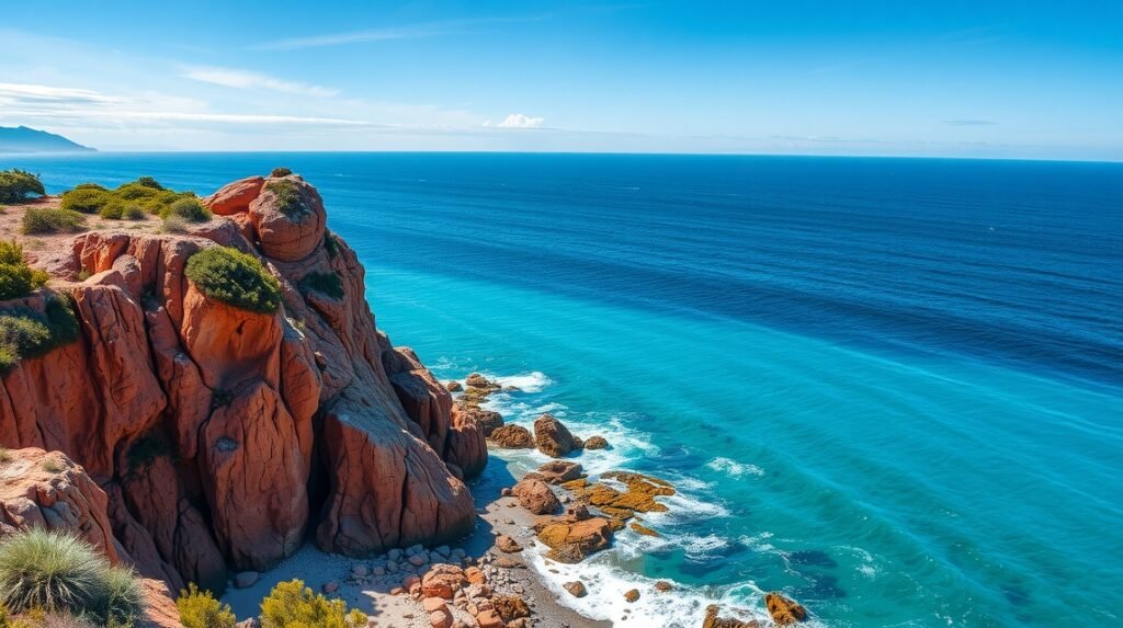 Esterel-hegység vörös sziklája a kék tengertérseknél Saint-Raphaëlban.