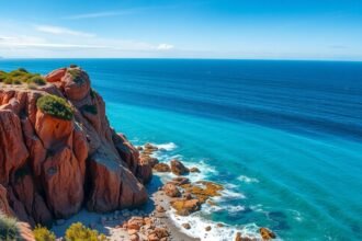 Esterel-hegység vörös sziklája a kék tengertérseknél Saint-Raphaëlban.