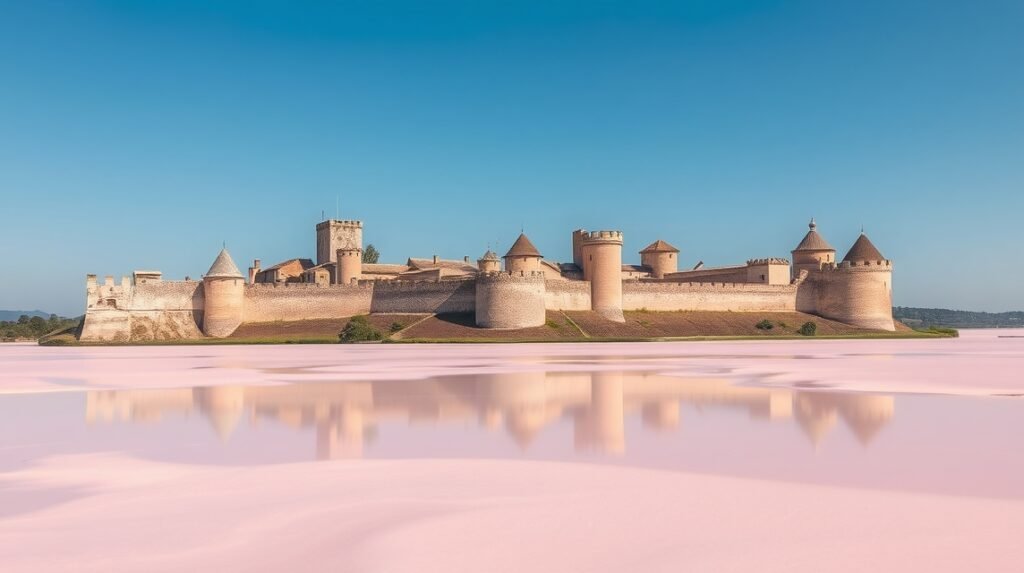 Aigues-Mortes középkori várfalai a rózsaszín sólepárlók mellett.