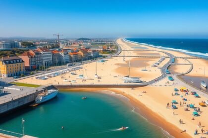 Les Sables-d’Olonne tengerpartja és kikötője napfényben