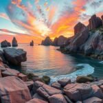 A Perros-Guirec varázslatos rózsaszín gránit sziklaalakzatai naplementében