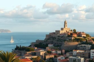 Calvi vára Korzika partján, tenger és hajók mögött.