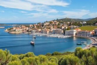 Gyönyörű kilátás Bandol városára Provence-ban, hajókkal és tengerparttal.