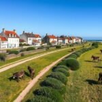 Saint-Martin-de-Ré fehér házai és kerékpározó turista, nadrágos szamarakkal