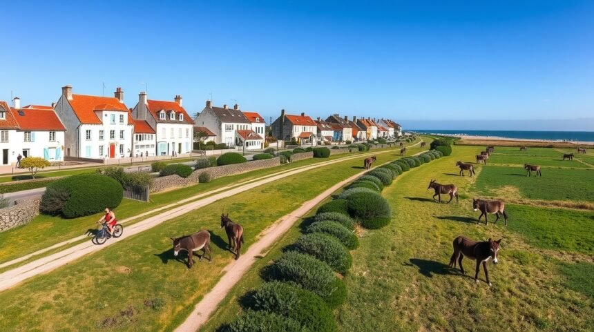 Saint-Martin-de-Ré fehér házai és kerékpározó turista, nadrágos szamarakkal