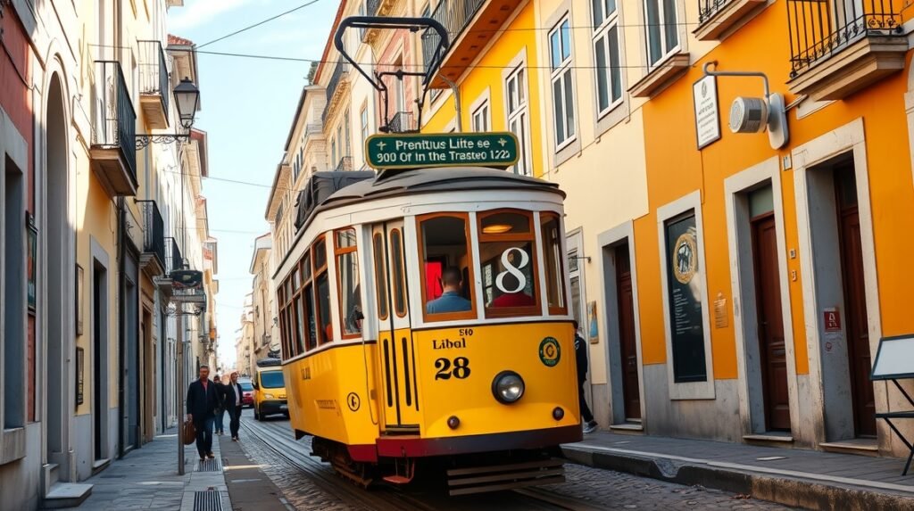 Lisszabon sárga 28-as villamosa a macskaköves utcákban