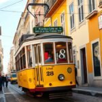 Lisszabon sárga 28-as villamosa a macskaköves utcákban