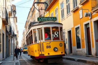 Lisszabon sárga 28-as villamosa a macskaköves utcákban