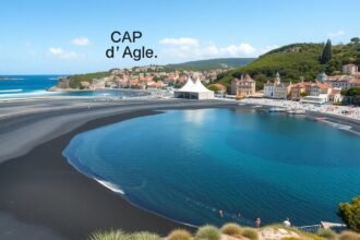 Cap d’Agde lenyűgöző strandja fekete vulkáni homokkal és tiszta vízzel.