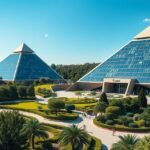 Futurisztikus piramisépületek La Grande-Motte zöld kertjeiben