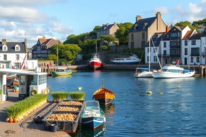 A Roscoff kikötője, friss hagymák és csónakok a vízen.