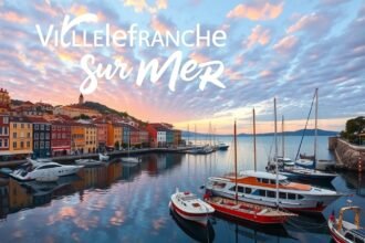 Villefranche-sur-Mer színes óvárosa és kikötője naplementében