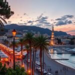 Juan-les-Pins gyönyörű tengerparti látképe éjszaka, fenyőfák között.