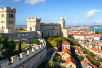 Szent György vára panorámája Lisszabonban, Portugáliában.