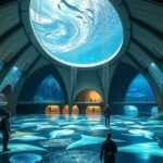 A Nausicaá tengeri akvárium belső terének látványos bemutatása Boulogne-sur-Mer-ben.