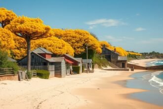 Sárga mimózákkal övezett tengerparti kunyhók Île d’Oléron szigetén.