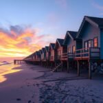 Cölöpházak a homokban Gruissan tengerpartján naplementében.