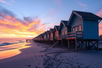 Cölöpházak a homokban Gruissan tengerpartján naplementében.