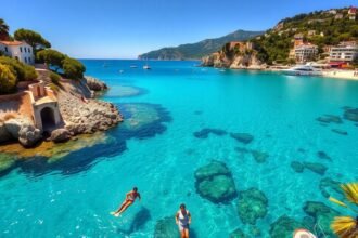 Cavalaire-sur-Mer, francia tengerparti szakasz kristálytiszta vízben.