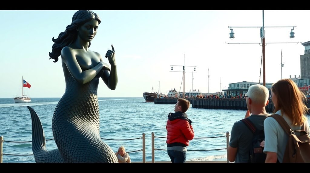 A Kis Hableány szobra a koppenhágai kikötőben turisták között.