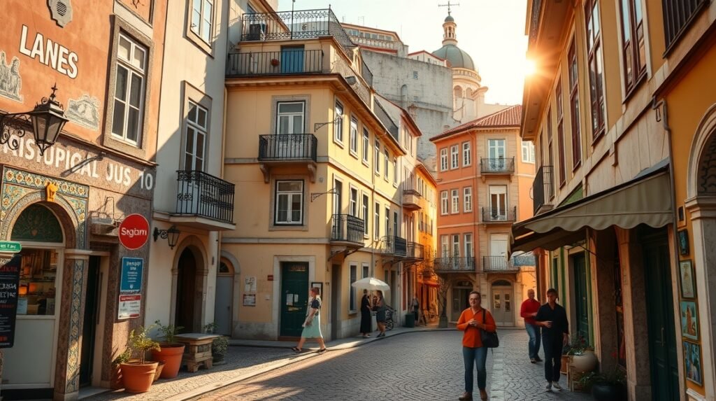 Lisszabon Alfama negyedének színes sikátorai és épületei