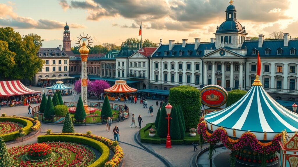 A Tivoli kertek színes virágai és vidámpark jelenete Koppenhágában