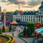 A Tivoli kertek színes virágai és vidámpark jelenete Koppenhágában