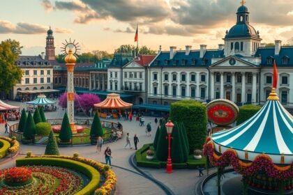 A Tivoli kertek színes virágai és vidámpark jelenete Koppenhágában