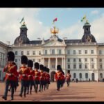 Az Amalienborg palota őrségváltása Koppenhágában, dán katonai ceremónia.