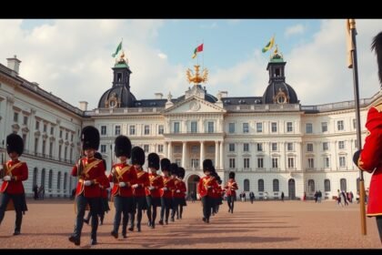 Az Amalienborg palota őrségváltása Koppenhágában, dán katonai ceremónia.