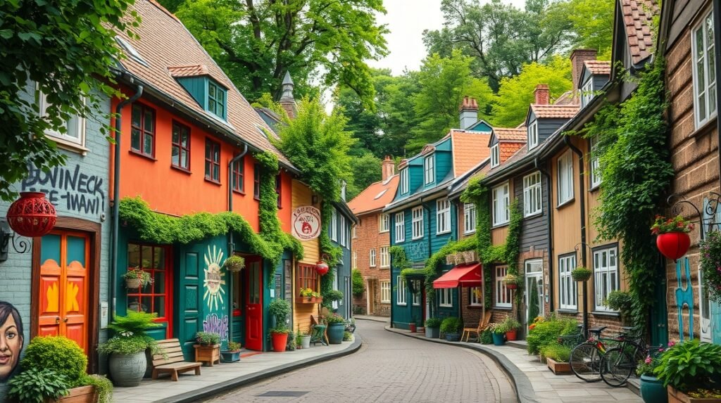 Színes házak Christianiában, Koppenhágában, Dánia alternatív városrészében.