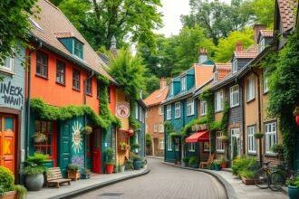 Színes házak Christianiában, Koppenhágában, Dánia alternatív városrészében.