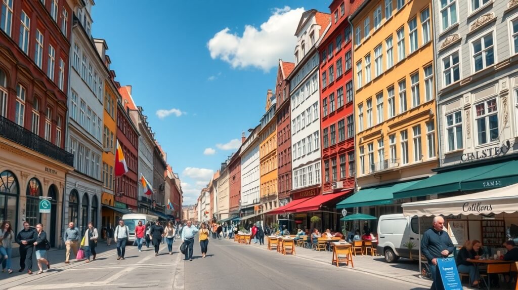 Koppenhága Strøget sétálóutca napsütésben, élénk színek és emberek.
